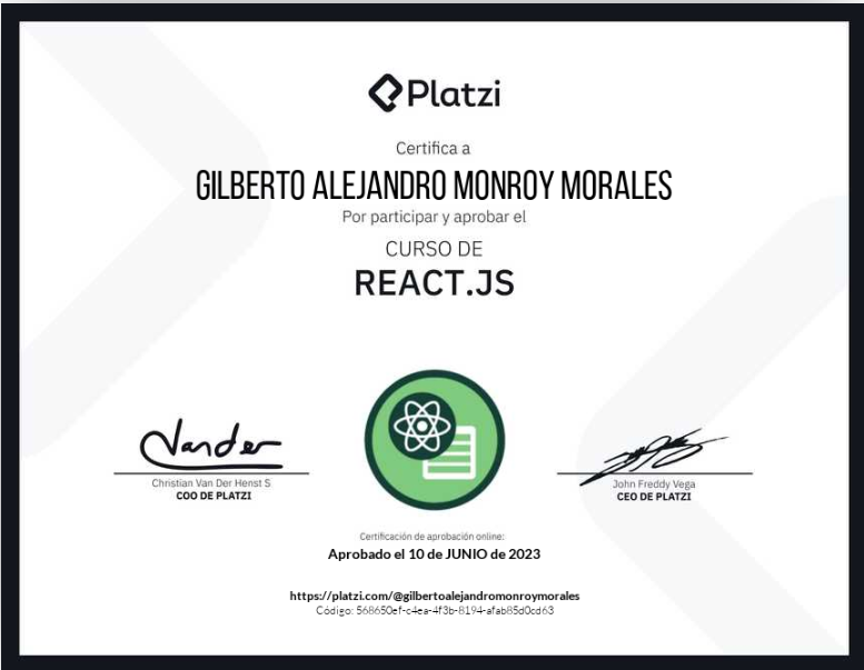 Imagen del certificado Curso de React.js